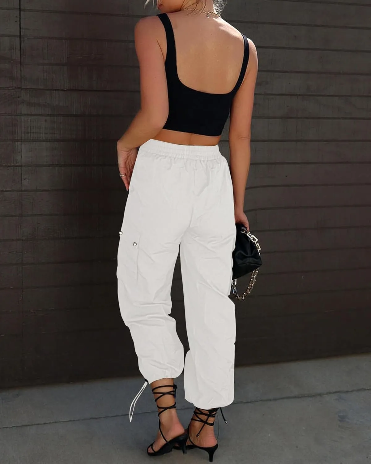 GRAPENT Womens Cargo Pants High Waisted Baggy Parachute Pants Elastic Waist Adjustable Drawstring Nylon Y2K Trousers