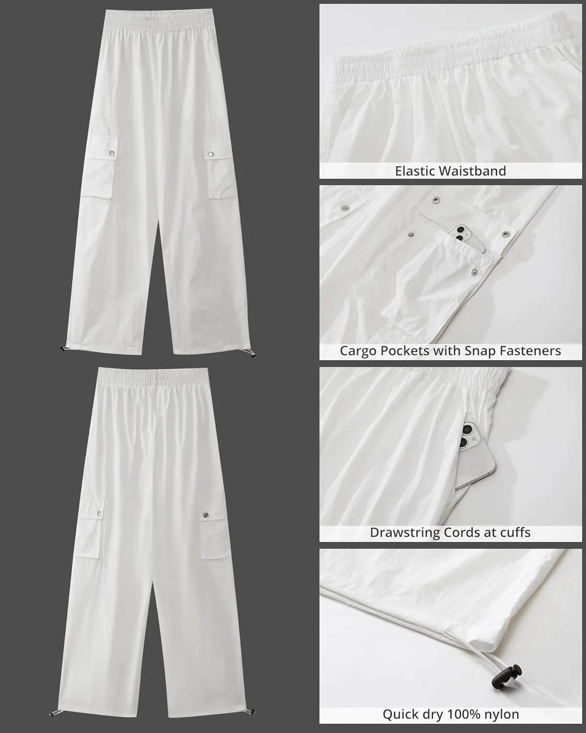 GRAPENT Womens Cargo Pants High Waisted Baggy Parachute Pants Elastic Waist Adjustable Drawstring Nylon Y2K Trousers