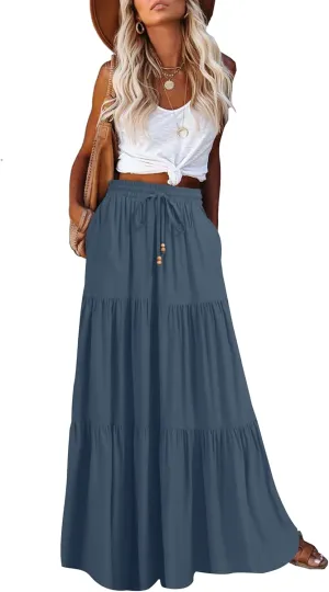 HAEOF Women's Summer Boho Maxi Skirt A-Line Flowy Ruffle Tiered Elastic High Waist Beach Long Skirts with Pockets
