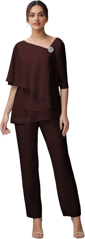Half Sleeve Mother of The Bride Pant Suits for Women Dressy 2 pcs Tiered Formal Pantsuits for Wedding Guest 2025
