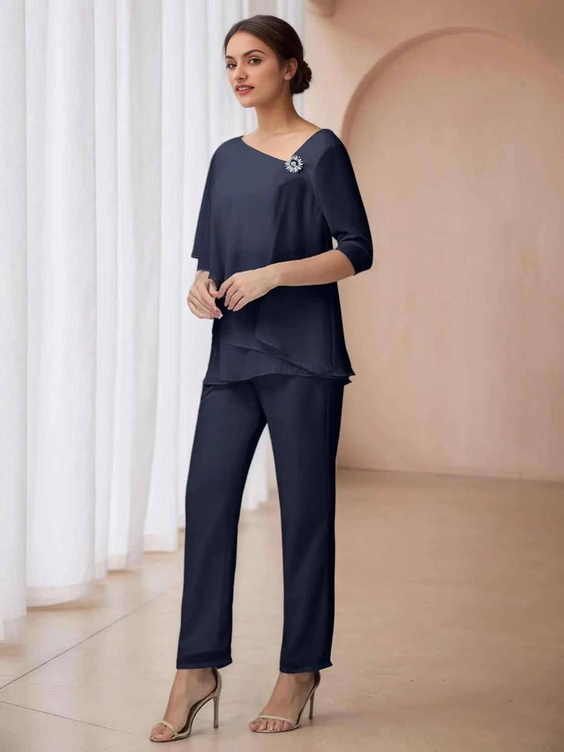 Half Sleeve Mother of The Bride Pant Suits for Women Dressy 2 pcs Tiered Formal Pantsuits for Wedding Guest 2025