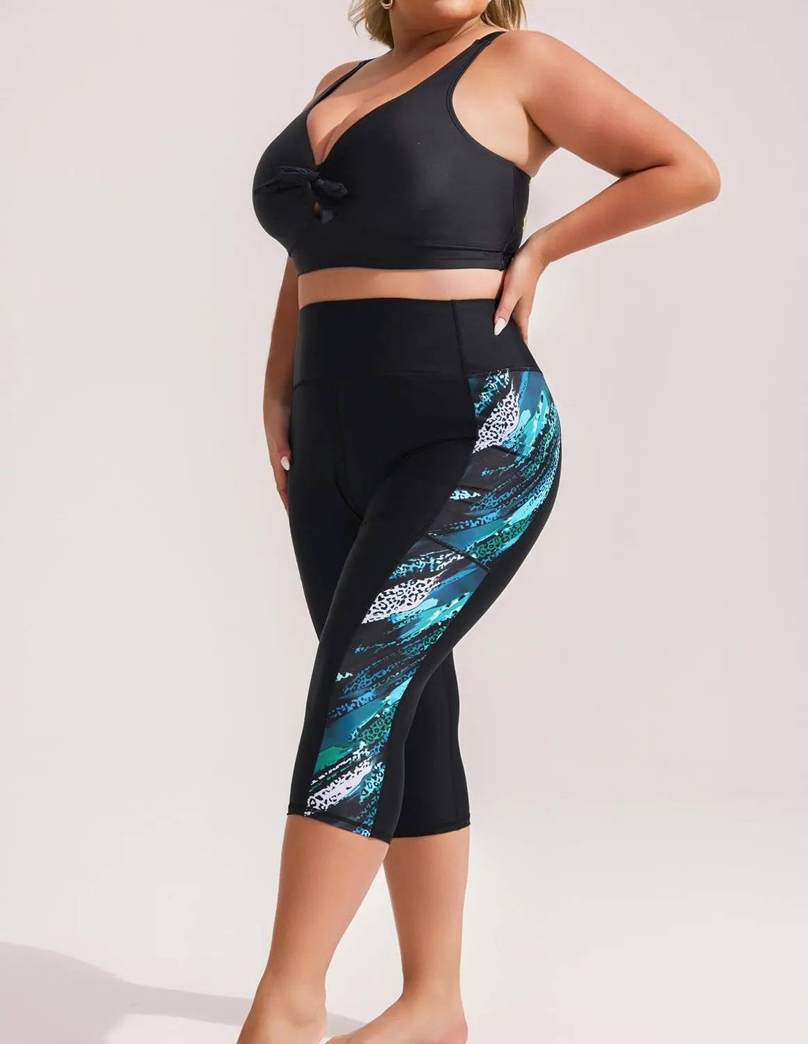Hanna Nikole Womens Plus Size Capri Swim Pants High Waisted Swim Shorts Swimming Leggings with Pockets