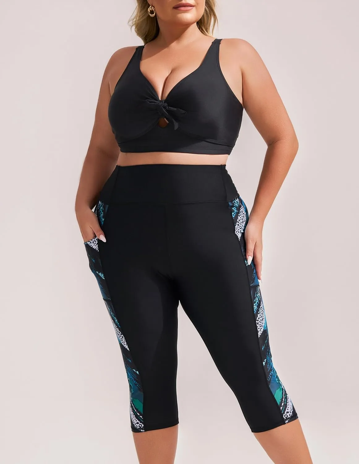 Hanna Nikole Womens Plus Size Capri Swim Pants High Waisted Swim Shorts Swimming Leggings with Pockets