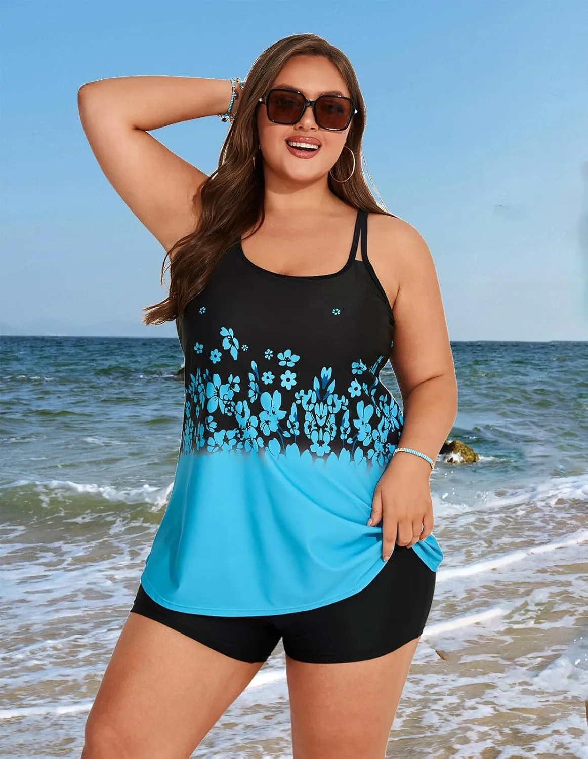 Hanna Nikole Womens Plus Size Tankini Swimsuit Two Piece Bathing Suits Flowy Swim Tops with Boy Shorts