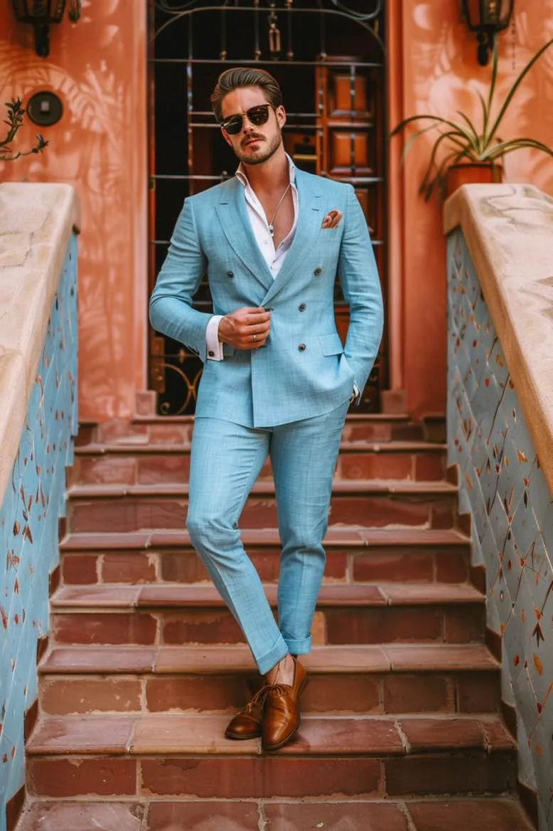 Harry Royal GentlemanLight Blue Men Suits Slim Fit Blazer Linen Suit