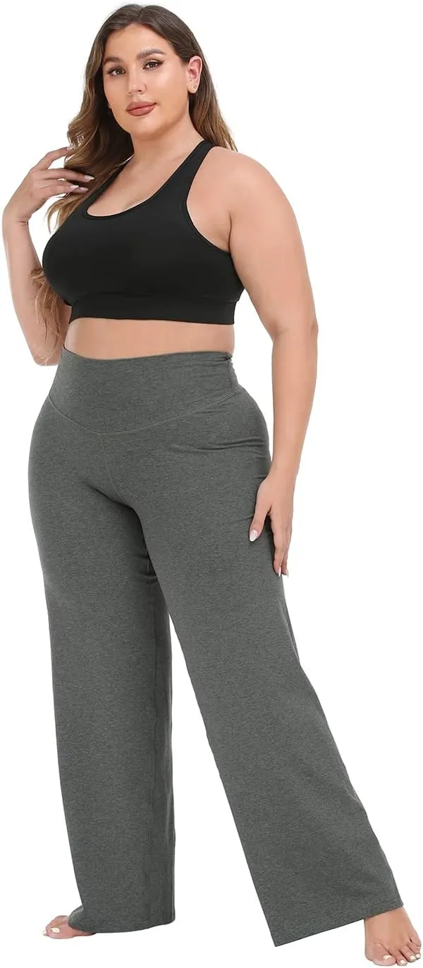 HDE Plus Size Wide Leg Cotton Yoga Pants for Women High Waist Workout Leggings