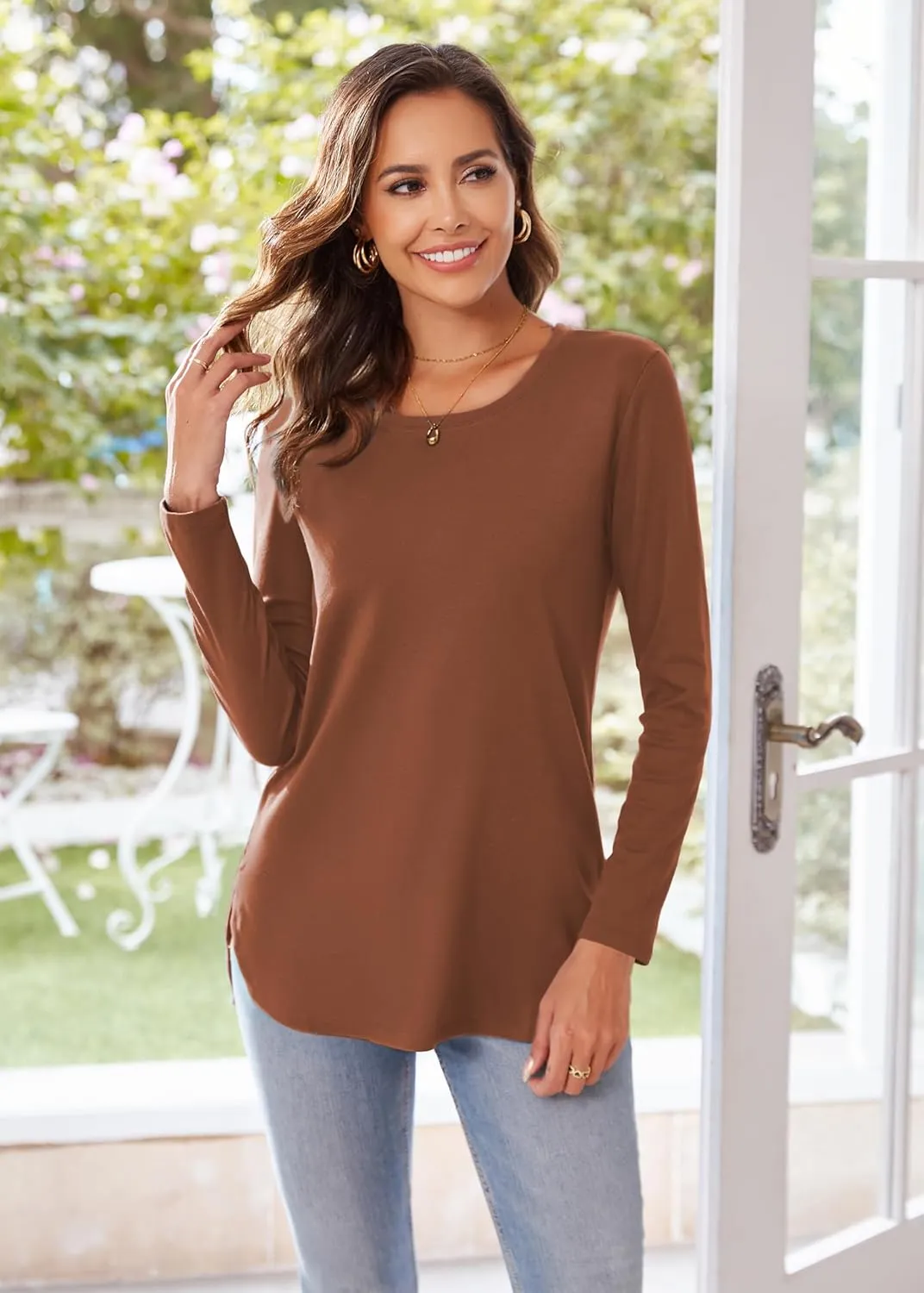 Herou Women's Casual Long Sleeve T Shirt Crewneck With Side Split Fall Pullover Loose Tunic Sweater Tops