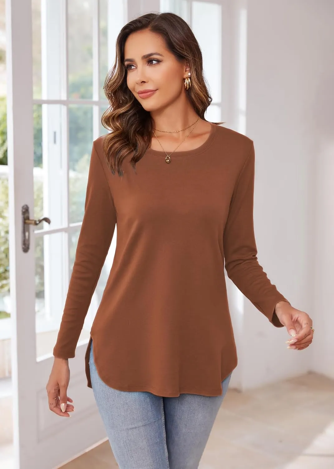 Herou Women's Casual Long Sleeve T Shirt Crewneck With Side Split Fall Pullover Loose Tunic Sweater Tops