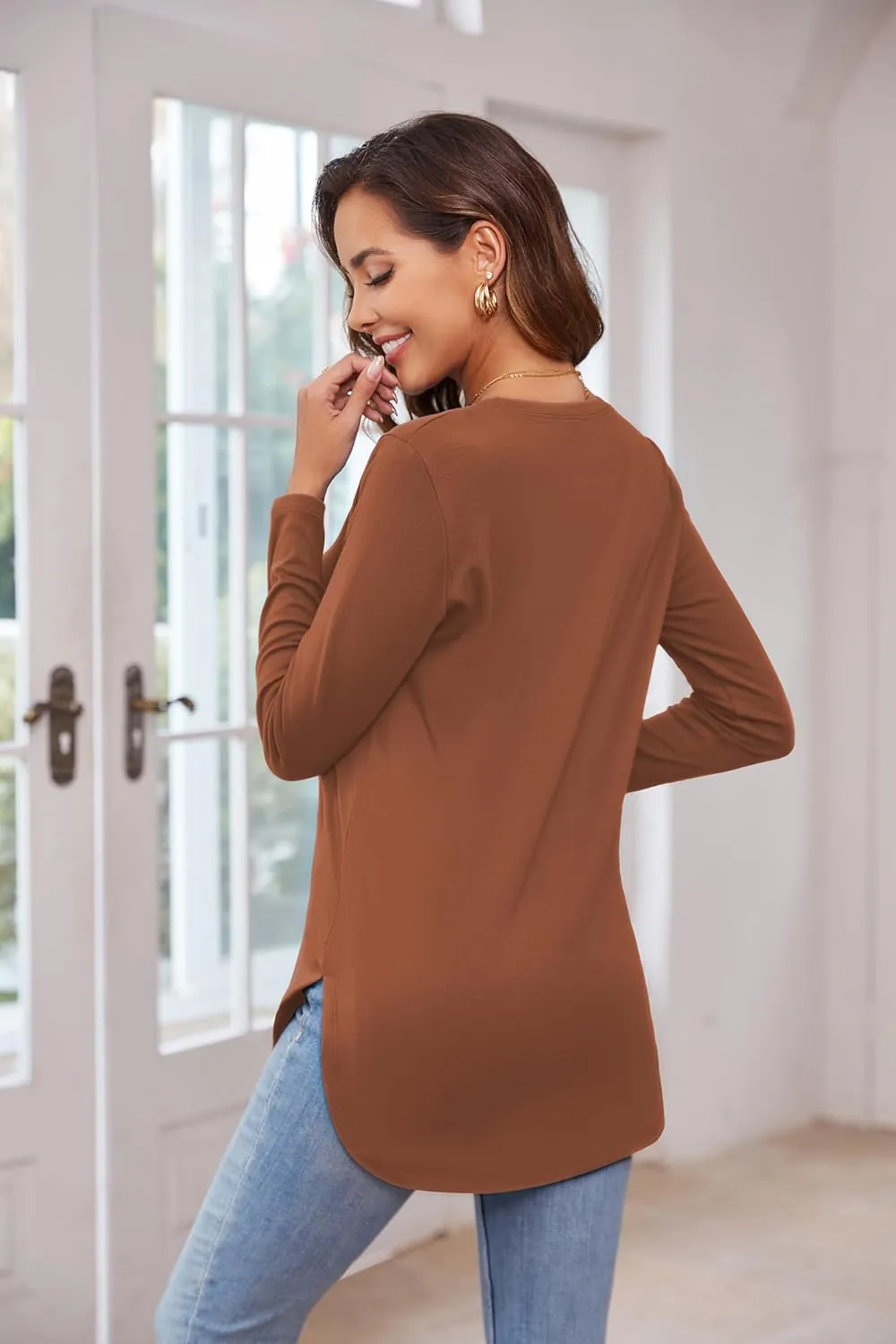 Herou Women's Casual Long Sleeve T Shirt Crewneck With Side Split Fall Pullover Loose Tunic Sweater Tops