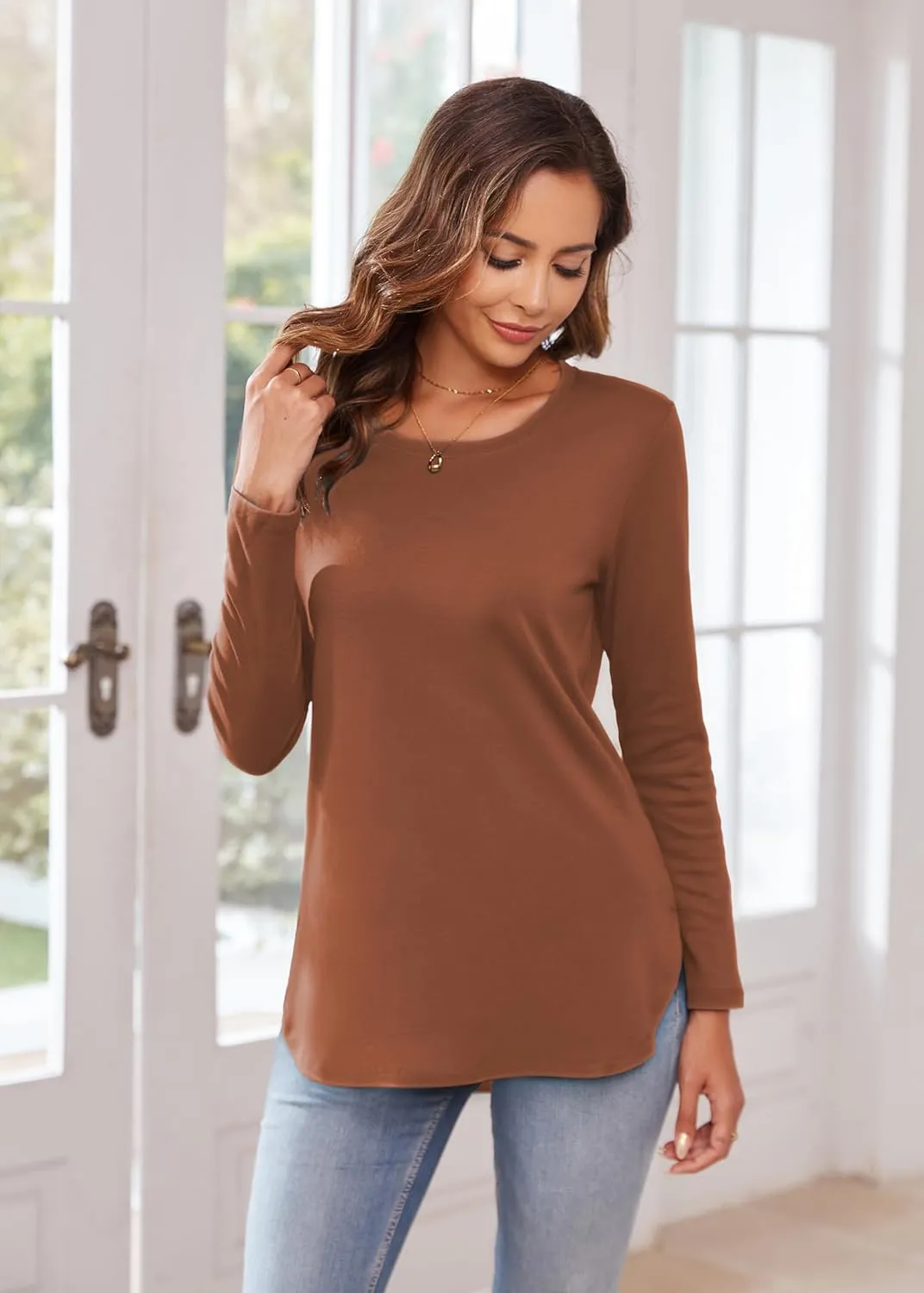 Herou Women's Casual Long Sleeve T Shirt Crewneck With Side Split Fall Pullover Loose Tunic Sweater Tops