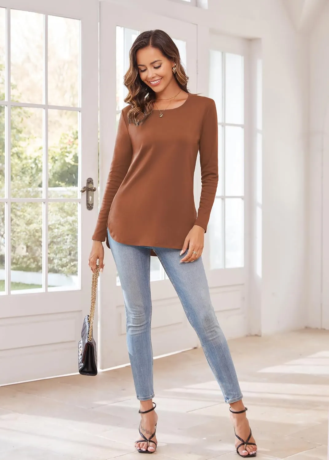 Herou Women's Casual Long Sleeve T Shirt Crewneck With Side Split Fall Pullover Loose Tunic Sweater Tops