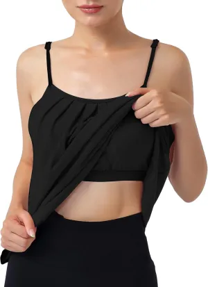 Hibelle Womens Built in Bra Camisole with Adjustable Spaghetti Straps,Pleated Front Flowy Summer Casual Tank Tops
