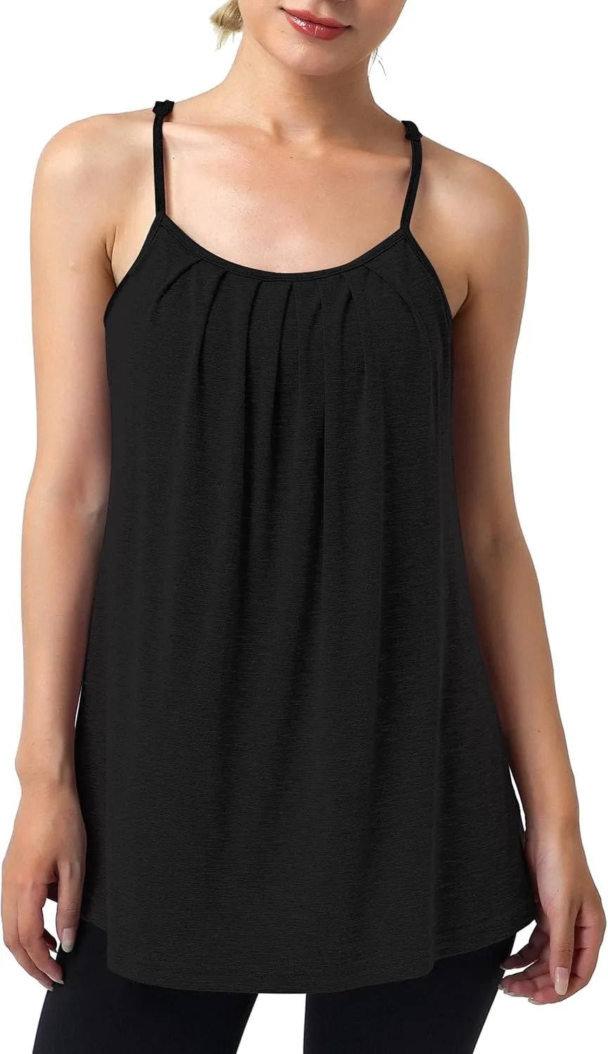 Hibelle Womens Built in Bra Camisole with Adjustable Spaghetti Straps,Pleated Front Flowy Summer Casual Tank Tops