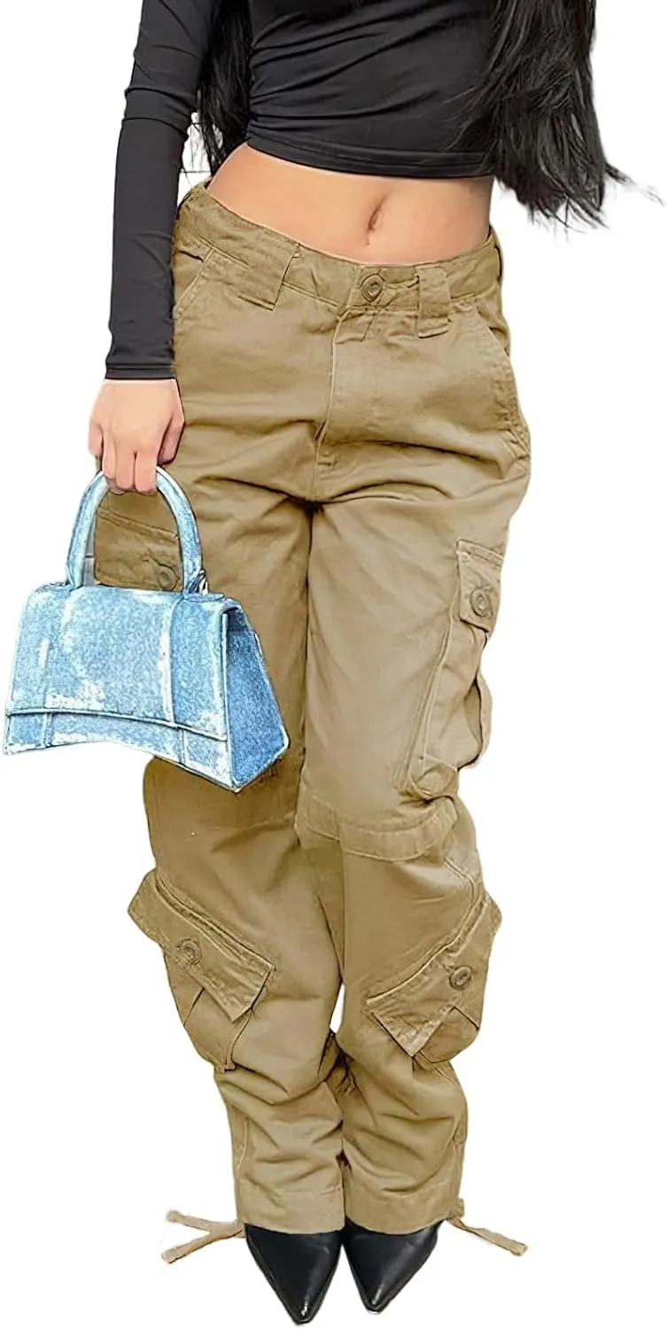 High Waisted Cargo Jeans for Women Straight Wide Leg Y2k Streetwear Cargo Pants Baggy Boyfriend Denim Pants with Pockets