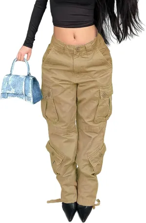 High Waisted Cargo Jeans for Women Straight Wide Leg Y2k Streetwear Cargo Pants Baggy Boyfriend Denim Pants with Pockets