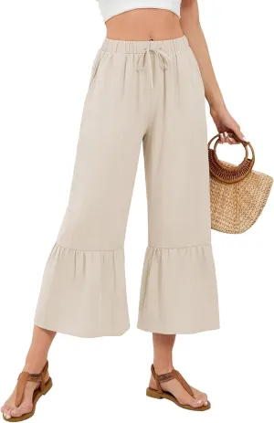 Himosyber Womens Cotton Wide Leg Cropped Pants Casual Drawstring Elastic Waisted Ruffle Hem Palazzo Pants with Pockets