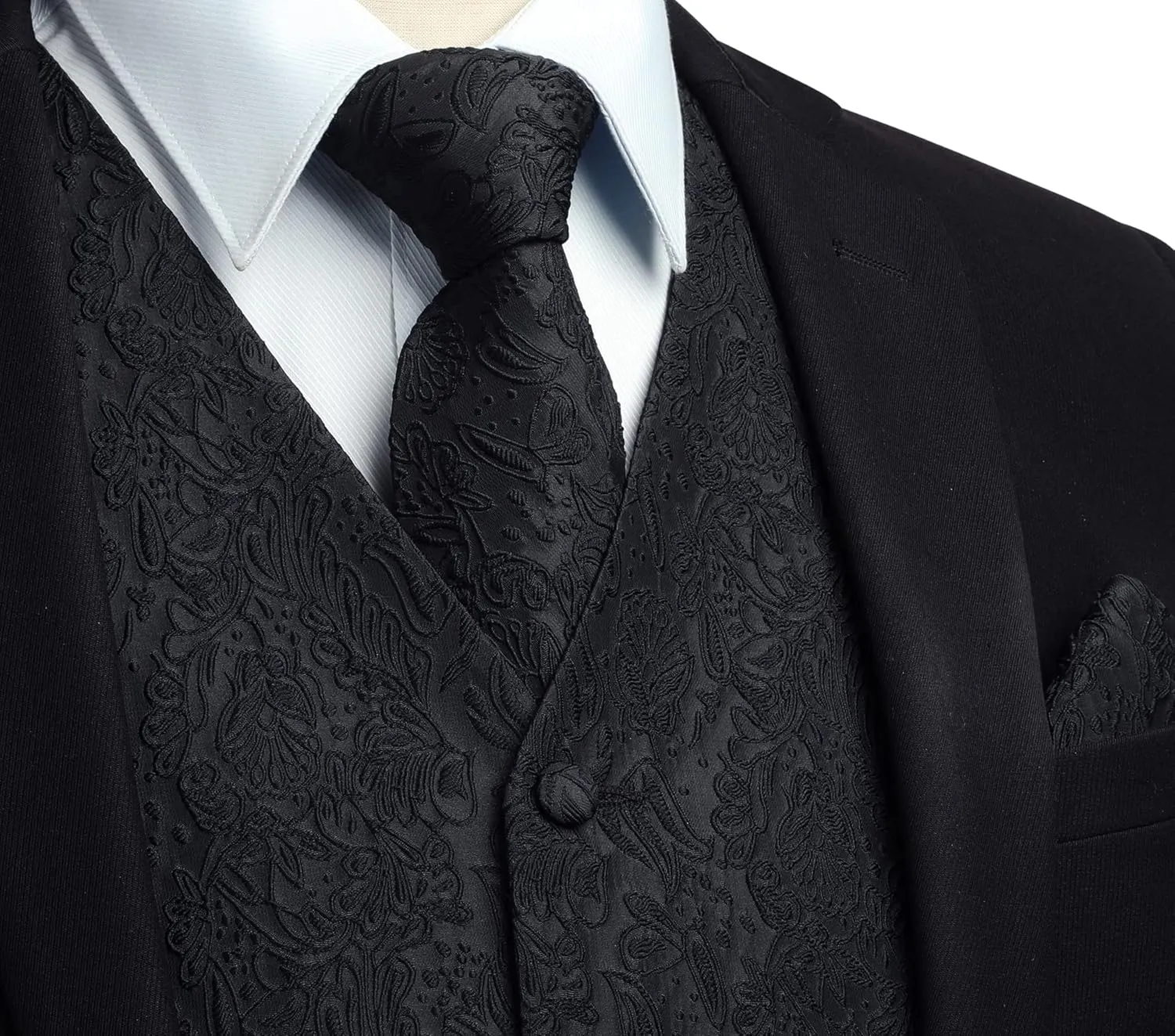 HISDERN 3PC Men's Paisley Floral Jacquard Suit Vest & Necktie and Pocket Square Formal Waistcoat for Tuxedo Wedding Party