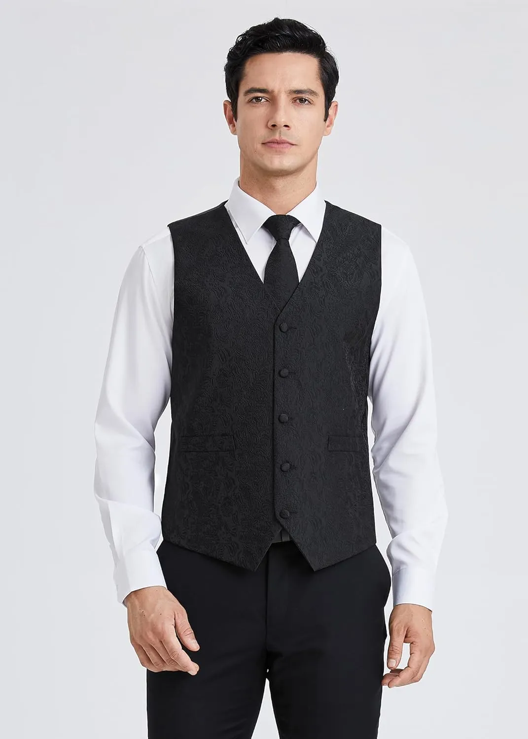 HISDERN 3PC Men's Paisley Floral Jacquard Suit Vest & Necktie and Pocket Square Formal Waistcoat for Tuxedo Wedding Party