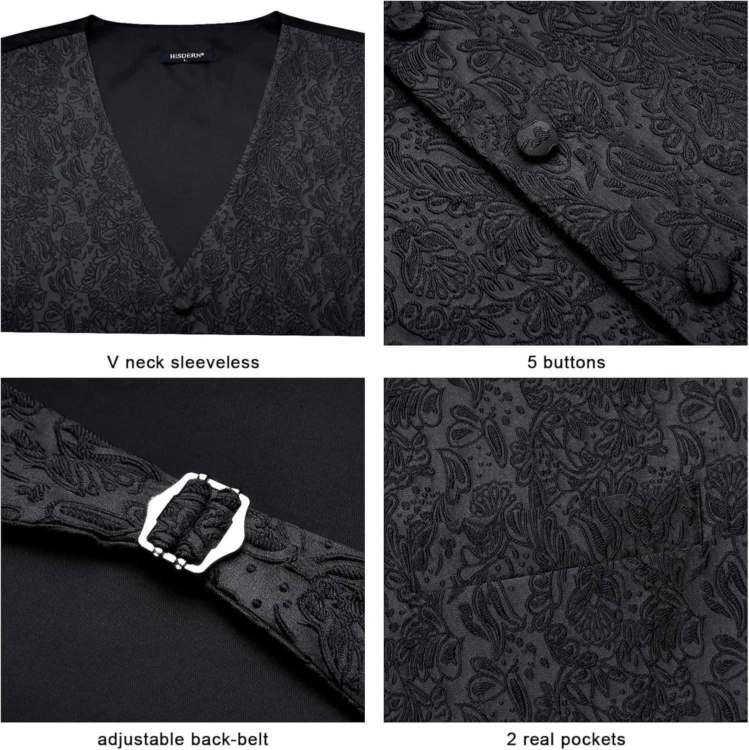 HISDERN 3PC Men's Paisley Floral Jacquard Suit Vest & Necktie and Pocket Square Formal Waistcoat for Tuxedo Wedding Party
