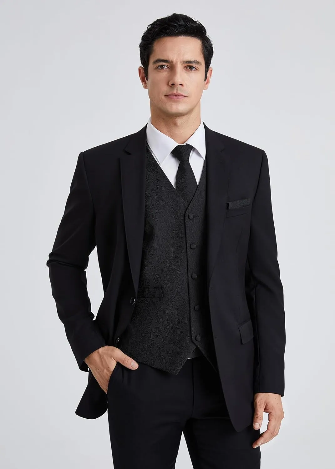 HISDERN 3PC Men's Paisley Floral Jacquard Suit Vest & Necktie and Pocket Square Formal Waistcoat for Tuxedo Wedding Party
