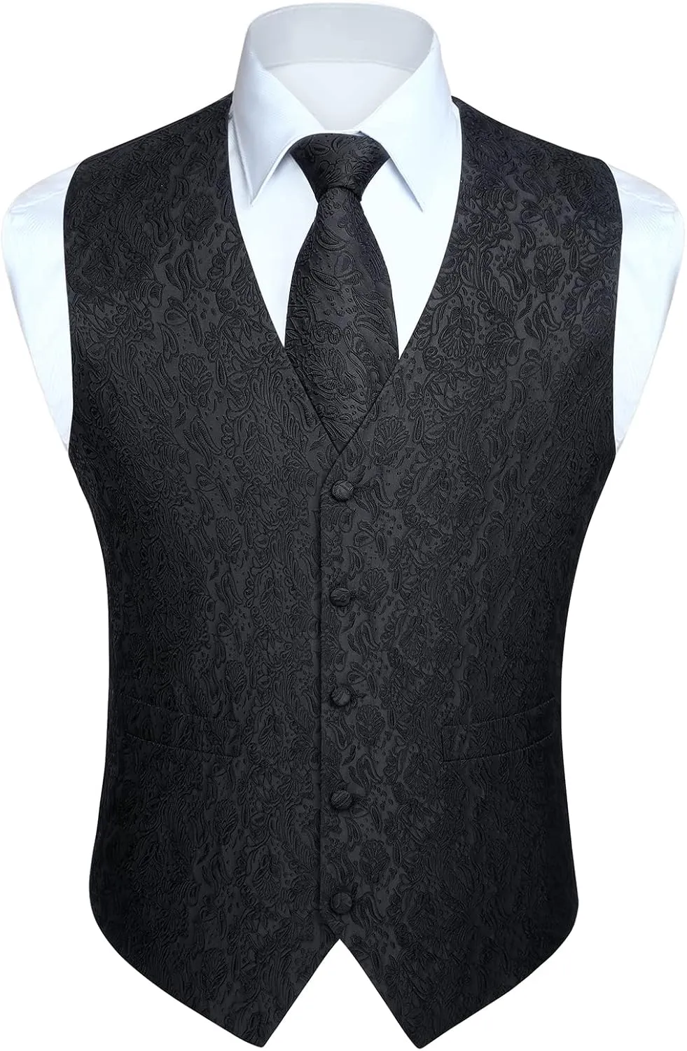 HISDERN 3PC Men's Paisley Floral Jacquard Suit Vest & Necktie and Pocket Square Formal Waistcoat for Tuxedo Wedding Party