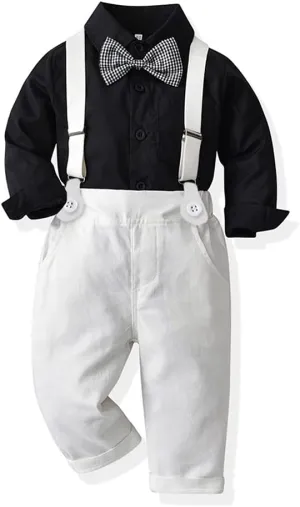 IDOPIP Toddler Kids Baby Boys 1st Christmas Outfit Gentleman Striped Shirt with Bowtie  Long Suspender Pants Overalls Clothes