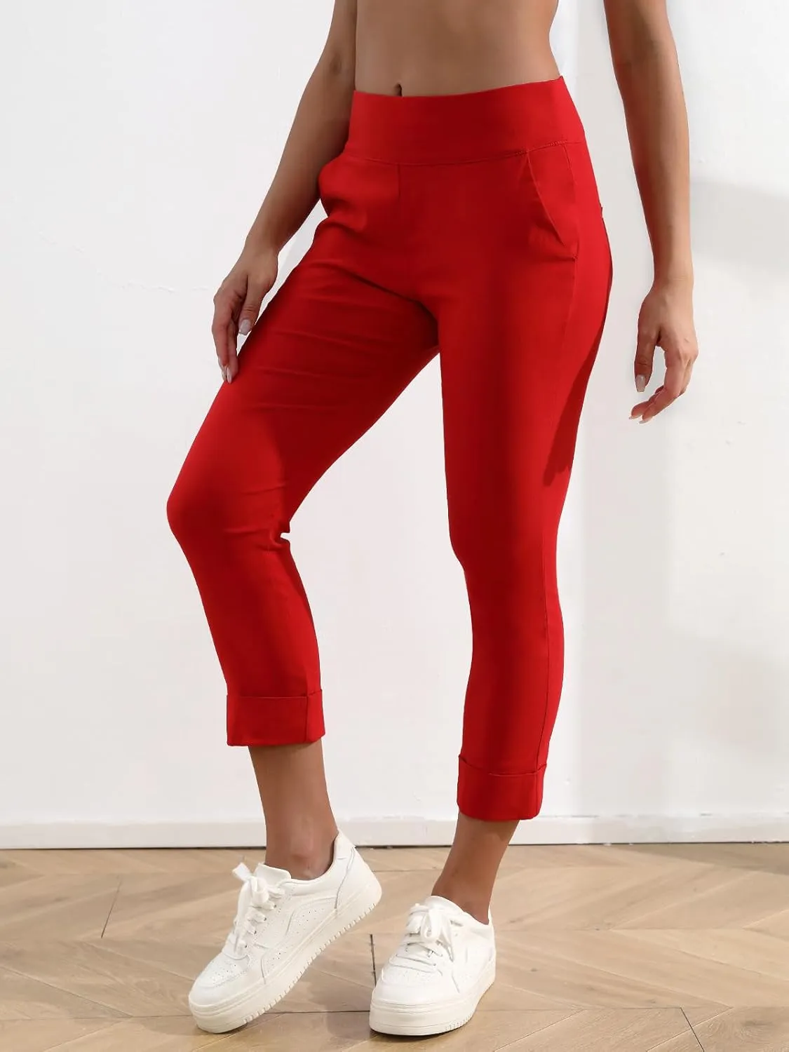 JAMfit Women's Pull-On Capri Pants Stretch High Waist Dressy Casual Cropped Pants with Pockets