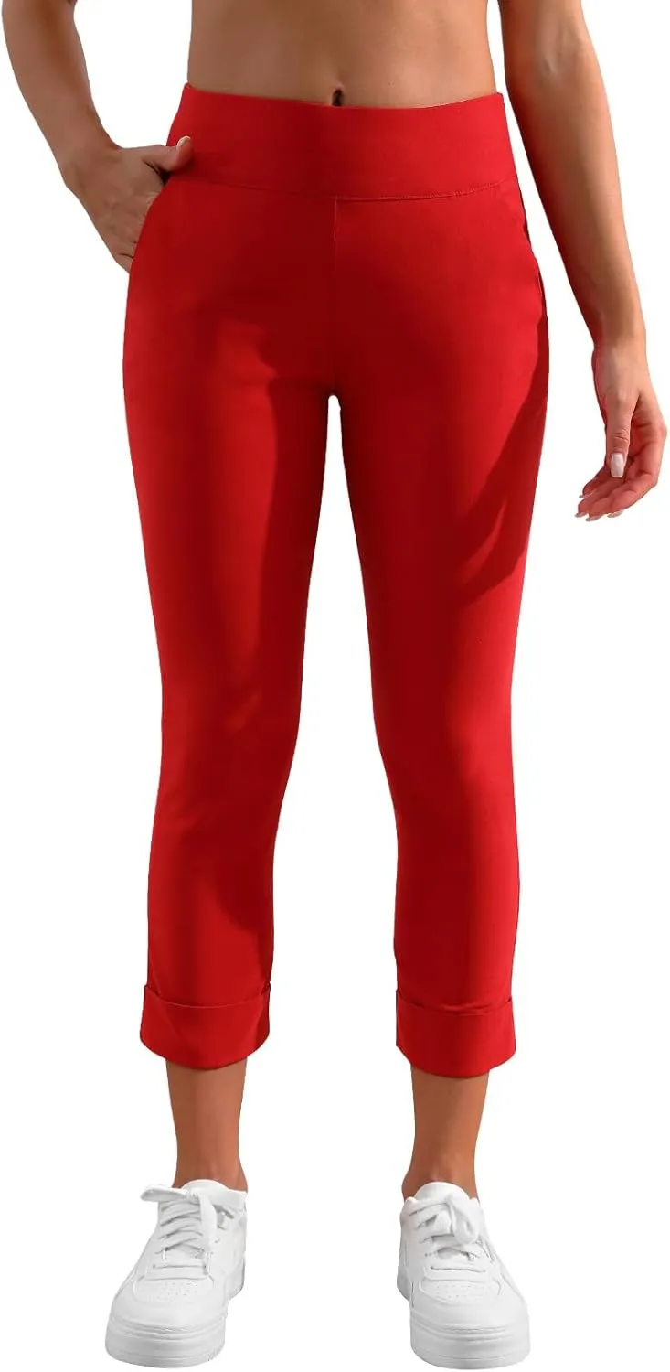 JAMfit Women's Pull-On Capri Pants Stretch High Waist Dressy Casual Cropped Pants with Pockets