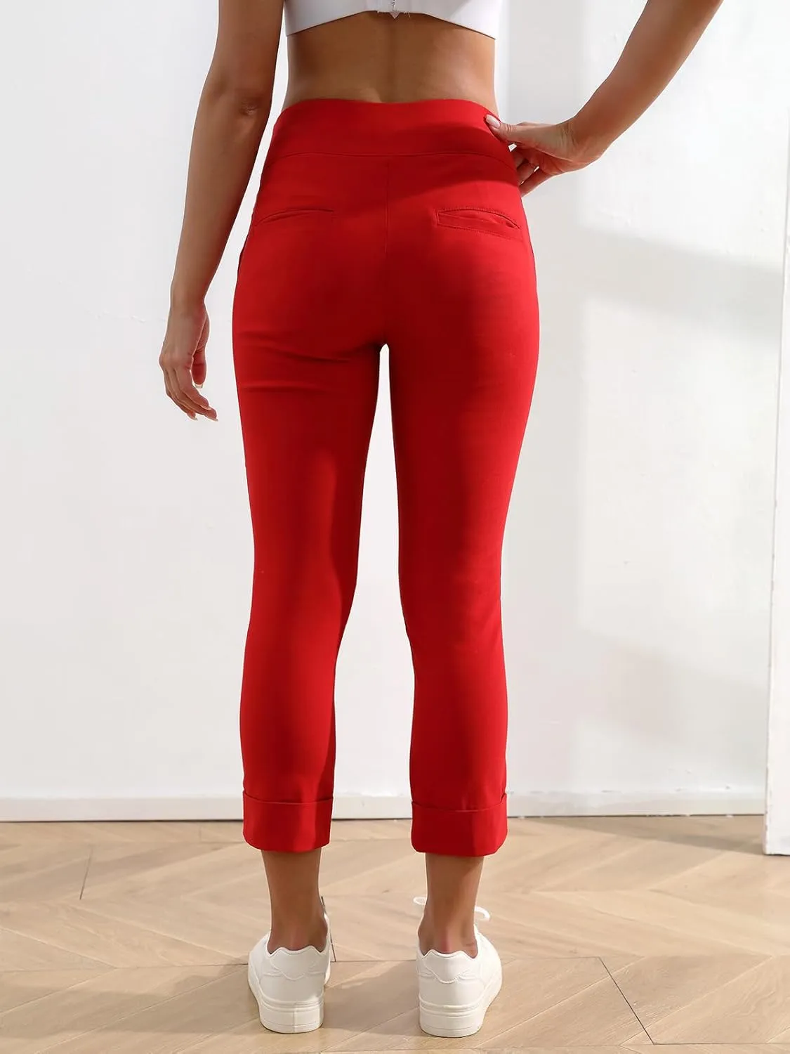 JAMfit Women's Pull-On Capri Pants Stretch High Waist Dressy Casual Cropped Pants with Pockets