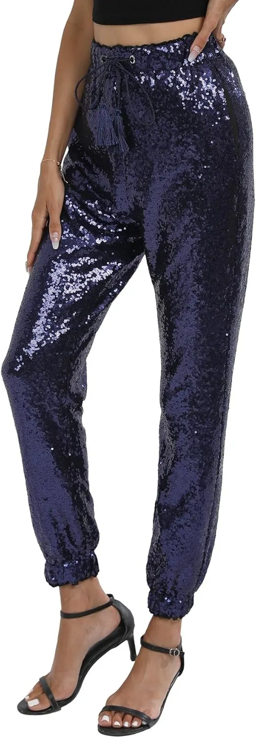J&DHUASHA Womens Casual Sparkly Sequin Pants High Waist Glitter Joggers Pants Bling Party Skinny Pants