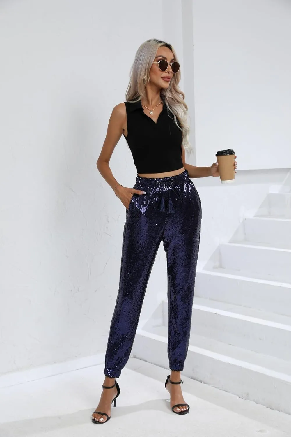 J&DHUASHA Womens Casual Sparkly Sequin Pants High Waist Glitter Joggers Pants Bling Party Skinny Pants