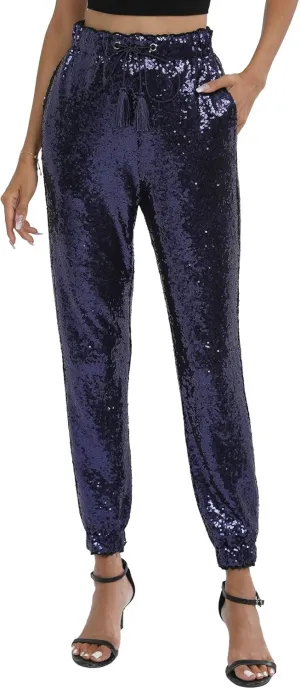 J&DHUASHA Womens Casual Sparkly Sequin Pants High Waist Glitter Joggers Pants Bling Party Skinny Pants