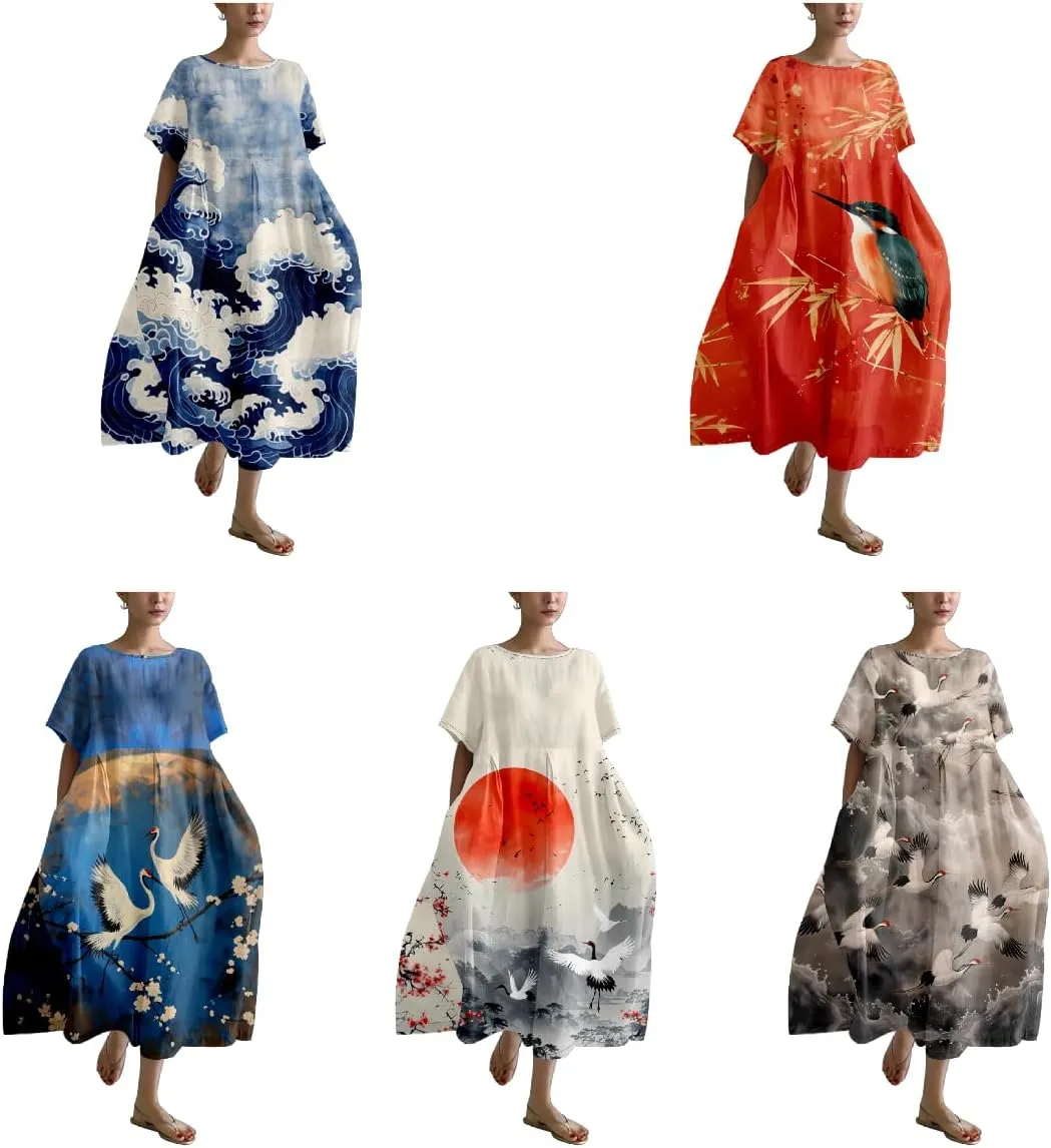 Japanese Art Womens Boho Summer Dresses Oversized Loose T Shirt Dress Elegant Crew Neck Short Sleeve Midi Dress