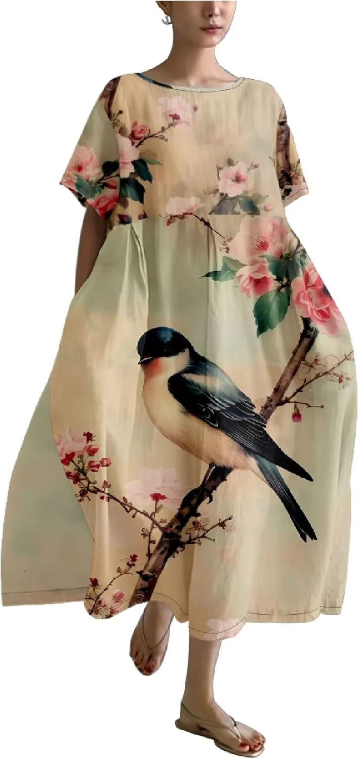 Japanese Art Womens Boho Summer Dresses Oversized Loose T Shirt Dress Elegant Crew Neck Short Sleeve Midi Dress