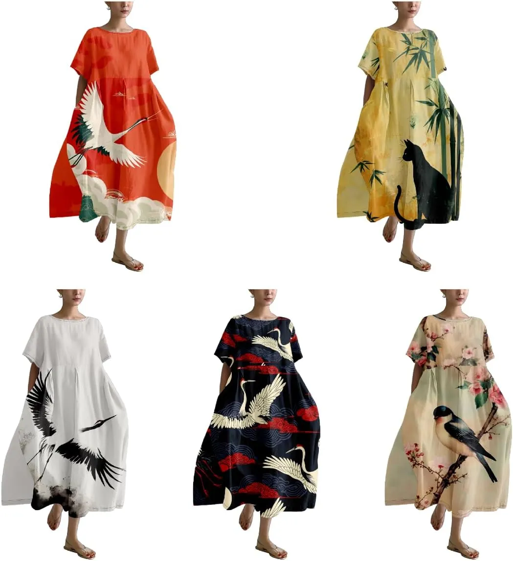 Japanese Art Womens Boho Summer Dresses Oversized Loose T Shirt Dress Elegant Crew Neck Short Sleeve Midi Dress