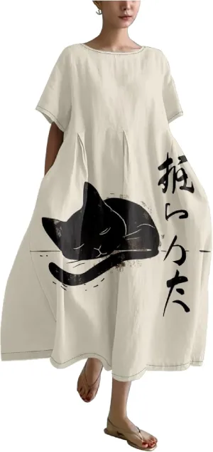 Japanese Art Womens Boho Summer Dresses Oversized Loose T Shirt Dress Elegant Crew Neck Short Sleeve Midi Dress