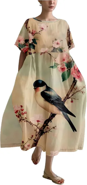 Japanese Art Womens Boho Summer Dresses Oversized Loose T Shirt Dress Elegant Crew Neck Short Sleeve Midi Dress