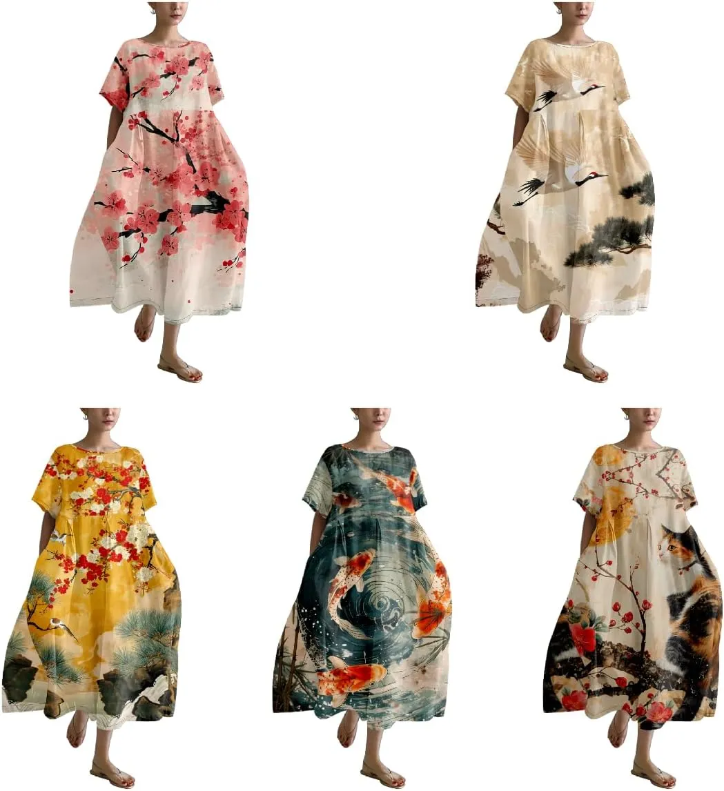 Japanese Art Womens Boho Summer Dresses Oversized Loose T Shirt Dress Elegant Crew Neck Short Sleeve Midi Dress