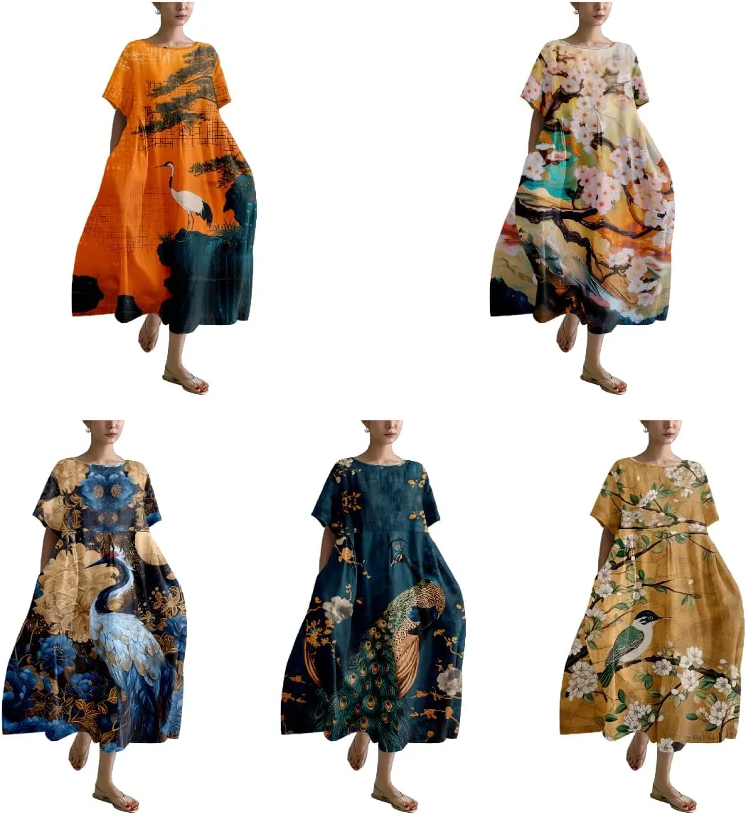 Japanese Art Womens Boho Summer Dresses Oversized Loose T Shirt Dress Elegant Crew Neck Short Sleeve Midi Dress