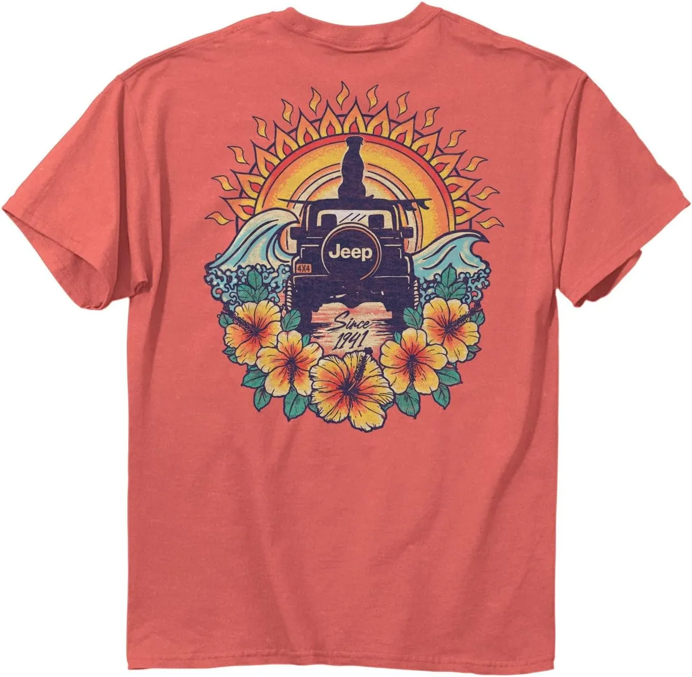 Jeep Sun Dog Short Sleeve T-Shirt, Pink |Sun, Dog, Wrangler Design for Beach Lovers | 100% Ringspun Cotton, Watermelon