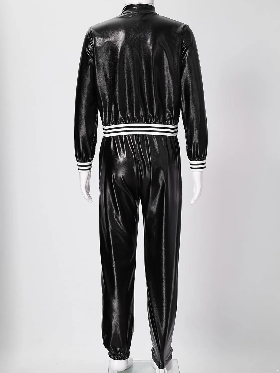 Kids Boys Girls Jazz Hip Hop Dance Costume Shiny Leather Jacket Sweatshirt with Sweatpants Set