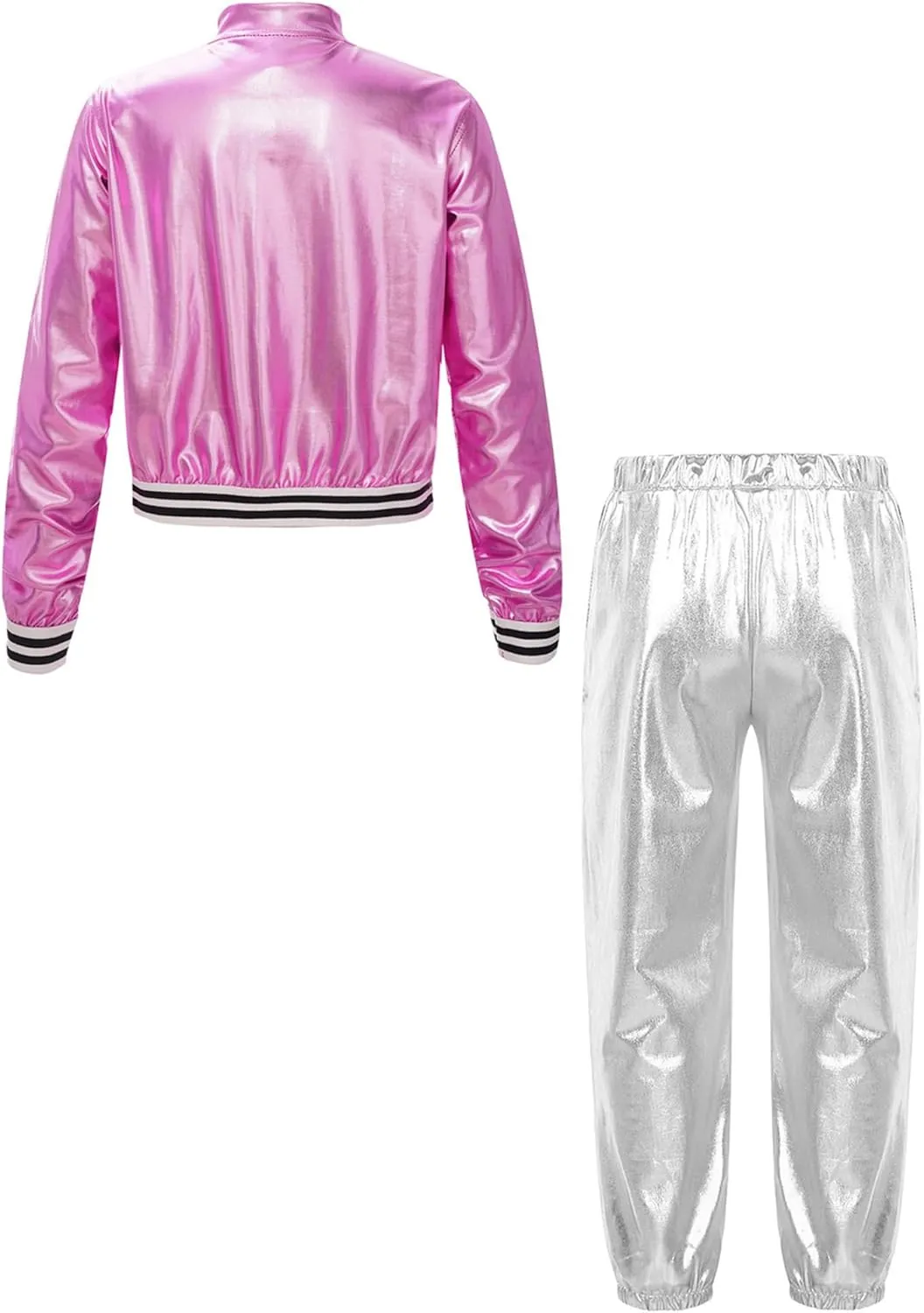 Kids Boys Girls Jazz Hip Hop Dance Costume Shiny Leather Jacket Sweatshirt with Sweatpants Set