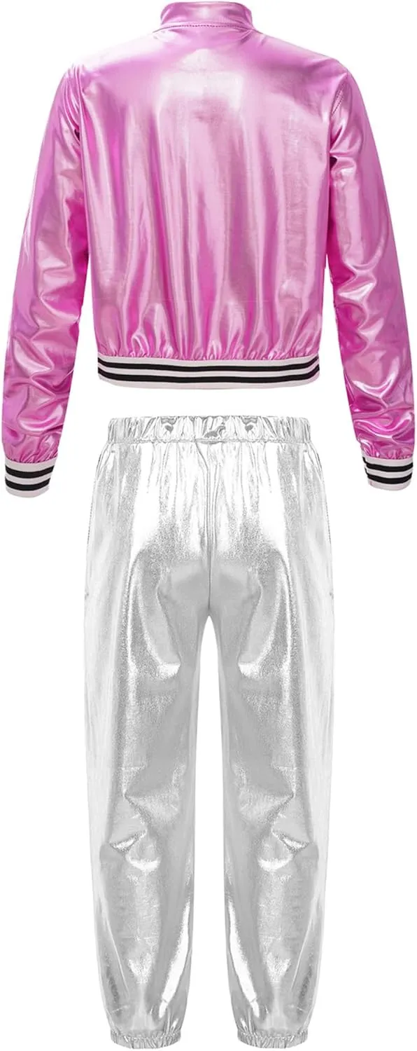 Kids Boys Girls Jazz Hip Hop Dance Costume Shiny Leather Jacket Sweatshirt with Sweatpants Set