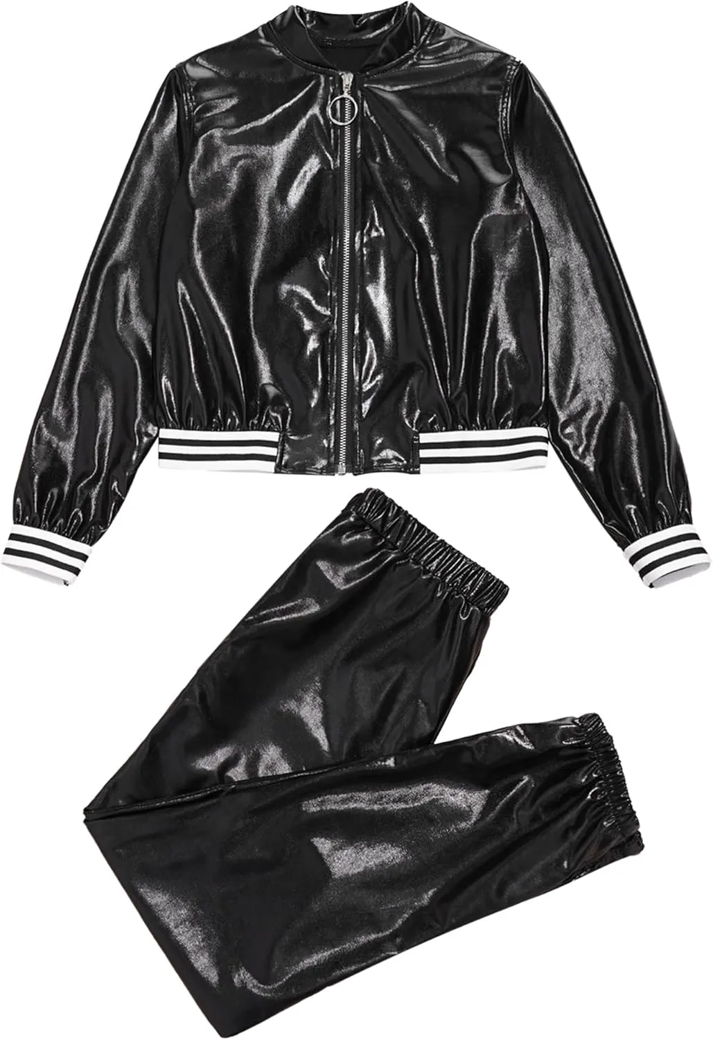 Kids Boys Girls Jazz Hip Hop Dance Costume Shiny Leather Jacket Sweatshirt with Sweatpants Set