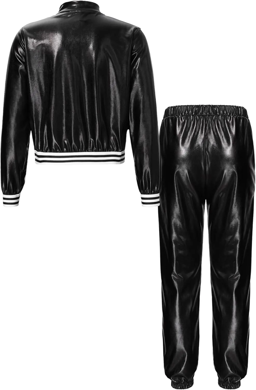 Kids Boys Girls Jazz Hip Hop Dance Costume Shiny Leather Jacket Sweatshirt with Sweatpants Set