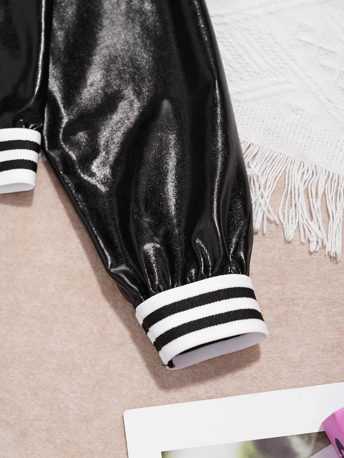 Kids Boys Girls Jazz Hip Hop Dance Costume Shiny Leather Jacket Sweatshirt with Sweatpants Set
