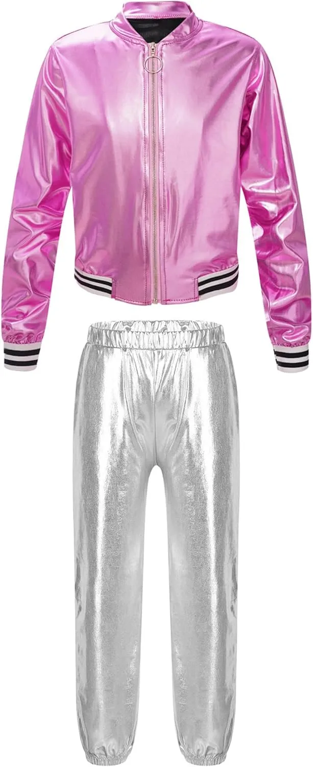 Kids Boys Girls Jazz Hip Hop Dance Costume Shiny Leather Jacket Sweatshirt with Sweatpants Set