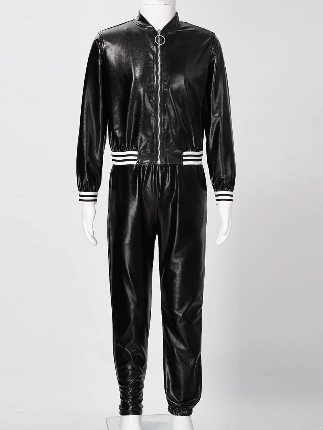 Kids Boys Girls Jazz Hip Hop Dance Costume Shiny Leather Jacket Sweatshirt with Sweatpants Set