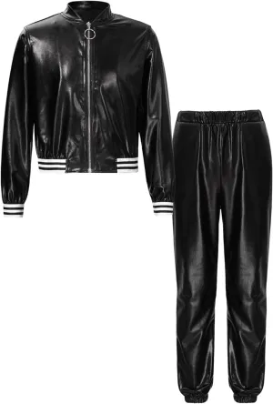 Kids Boys Girls Jazz Hip Hop Dance Costume Shiny Leather Jacket Sweatshirt with Sweatpants Set