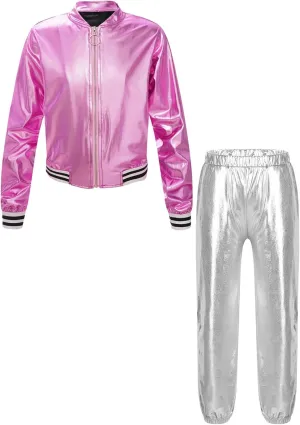 Kids Boys Girls Jazz Hip Hop Dance Costume Shiny Leather Jacket Sweatshirt with Sweatpants Set